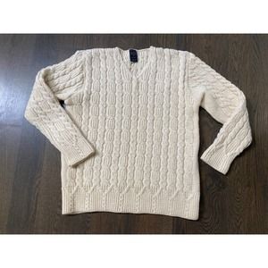 Paul James England‎ 100% Wool Chunky V Neck Cable Fisherman Sweater~L